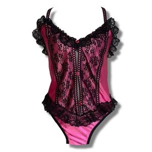 Vintage Pink & Black Lace Trim Lingerie Bodysuit